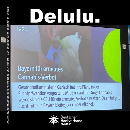 BR24 Meldung „Bayern für erneutes Cannabis-Verbot“ mit hinzugefügtem Schriftzug „Delulu.“